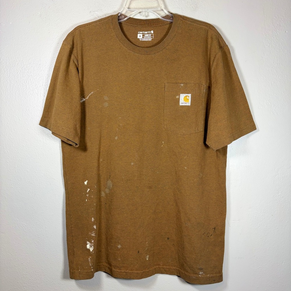 Carhartt K87 Loose Fit Pocket T-Shirt Mens Medium Brown Distressed Paint Stained